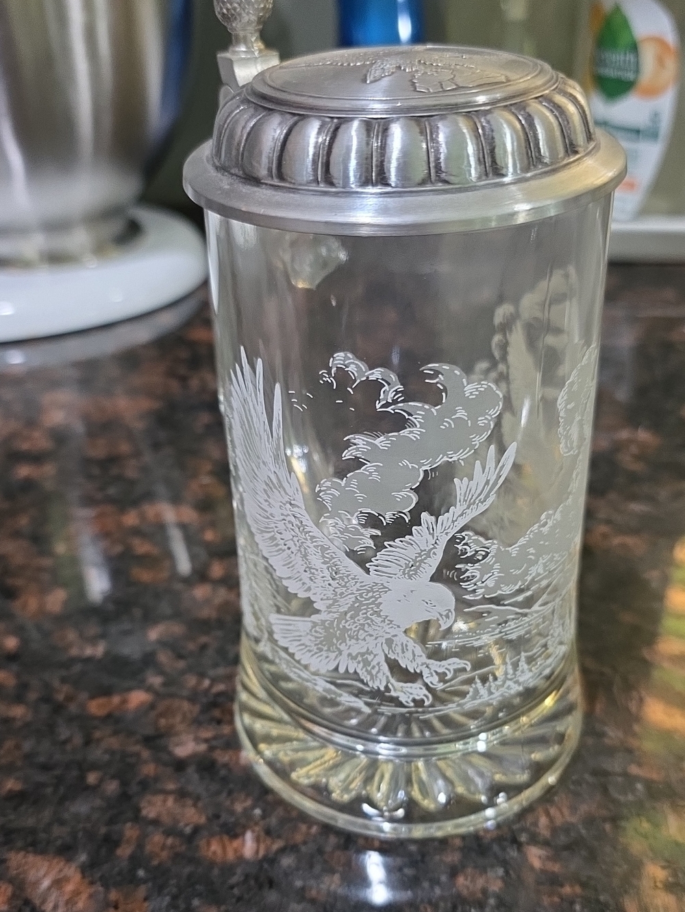Glass Stein with Etched Eagle and Silver-Tone Lid